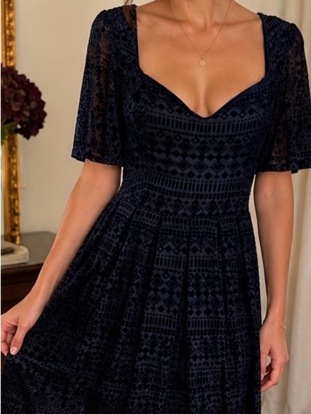 Black Burnout M Velvet Patterned Midi Dress Blue overlay Dark Academia Witchy